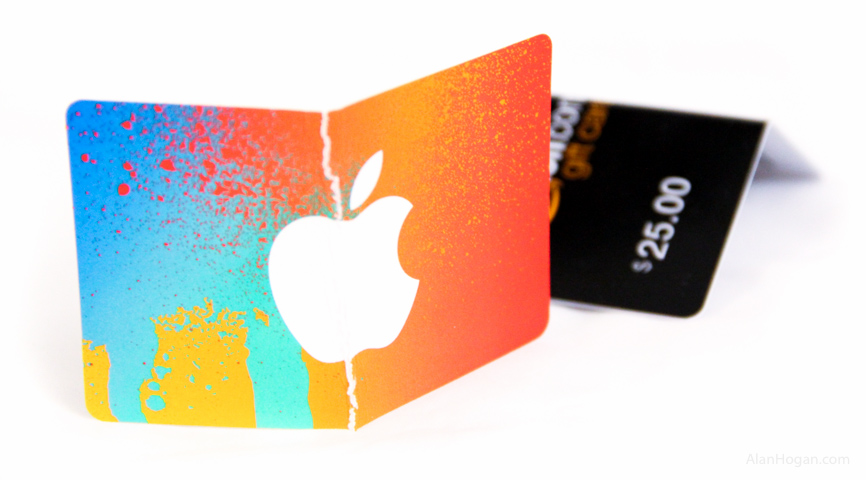 My Apple iTunes gift card again, with the Amazon card in the background. It’s a lovely photograph with crisp whites and a narrow depth of focus, and the copyright is all mine.